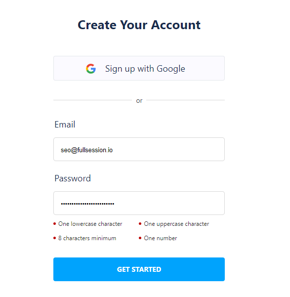 fullsession create your account page