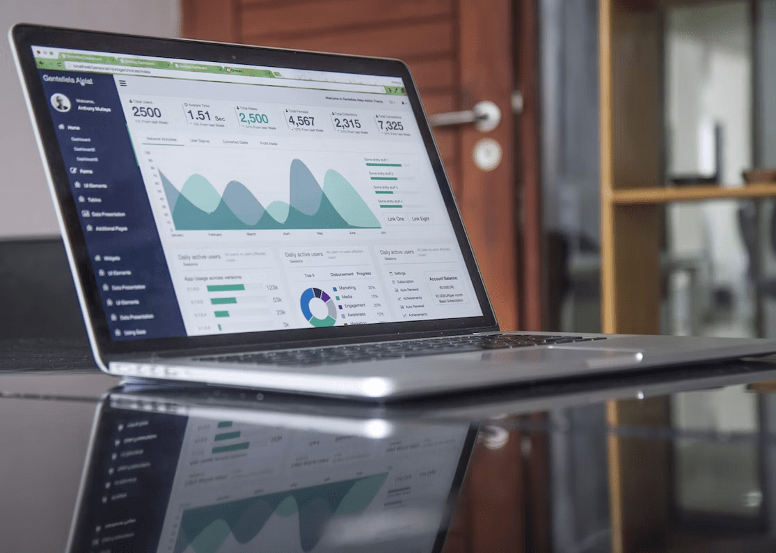 page with charts on a laptop