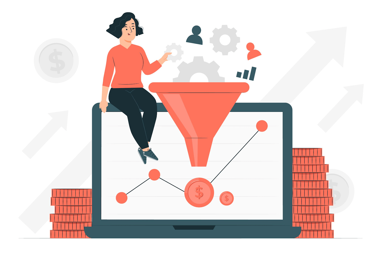 woman next to a conversion funnel animated picture