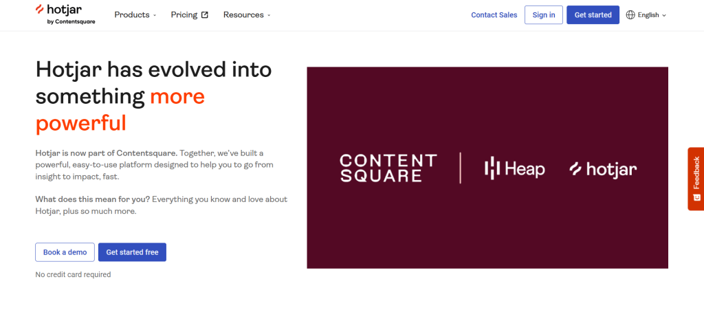 Hotjar homepage banner showing its evolution into a more powerful platform as part of Contentsquare, alongside Heap and Hotjar logos