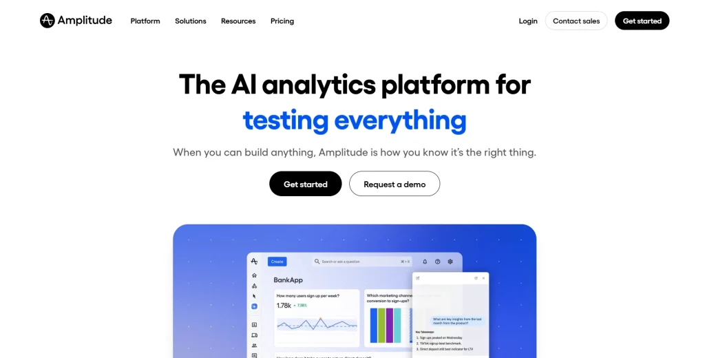 Amplitude homepage hero banner promoting an AI analytics platform for testing everything, with CTA buttons and a product analytics dashboard preview.