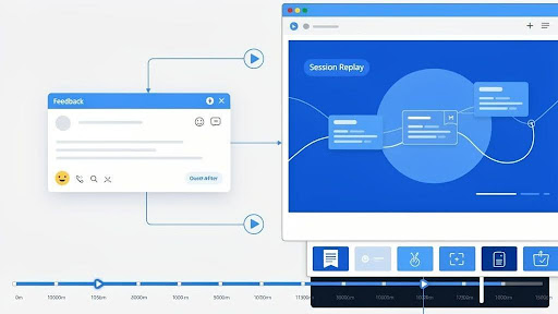 Illustration showing session replay and user feedback tools connected in a behavioral analytics interface with timeline controls and playback elements.