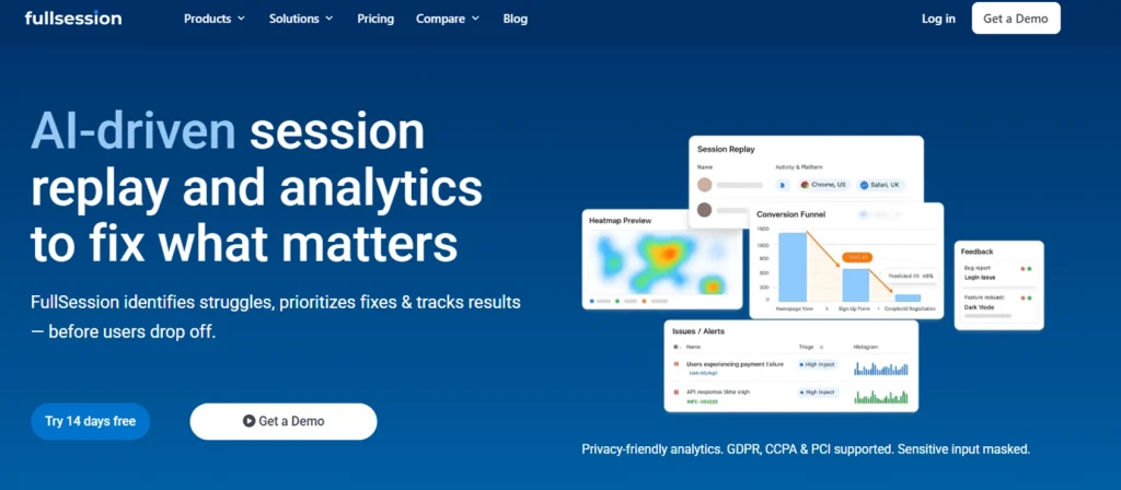 FullSession homepage hero banner showing AI-driven session replay and product analytics software with heatmaps, conversion funnels, and user behavior dashboards.