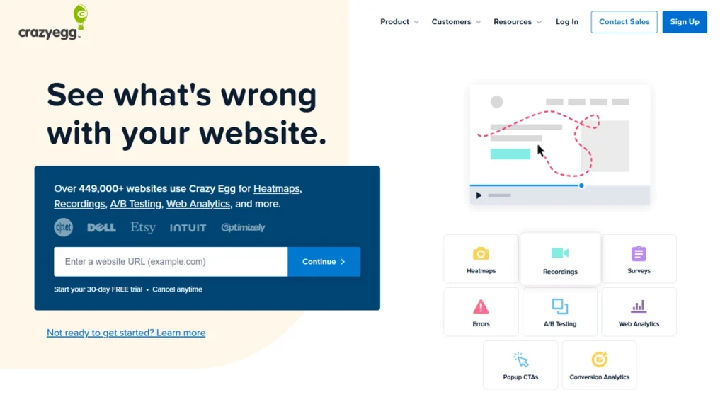 Crazy Egg homepage banner showing website optimization software with heatmaps, recordings, A/B testing, web analytics, and conversion tools.