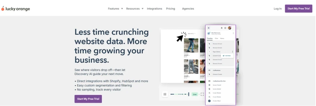 Lucky Orange homepage hero banner showing website analytics software with visitor recordings, AI-guided insights, integrations, segmentation, and filtering features.