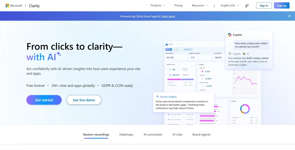 Microsoft Clarity homepage hero banner showing AI-powered website analytics, session recordings, heatmaps, and user insight dashboards.