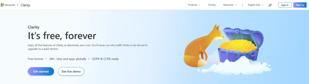 Microsoft Clarity homepage banner showing the message “It’s free, forever” alongside an illustration of a fox beside a treasure chest of coins.