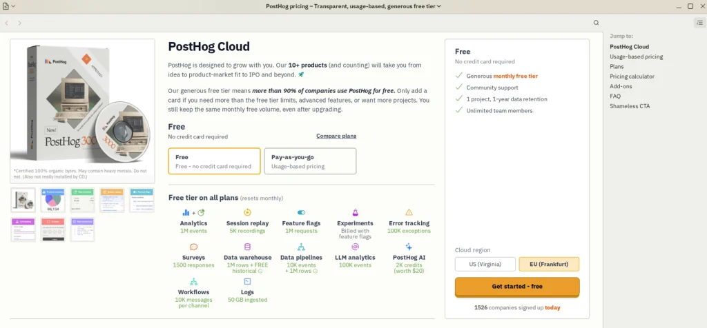 PostHog Cloud pricing page showing the free plan, pay-as-you-go option, feature limits, and free tier details across analytics, session replay, feature flags, and experiments.