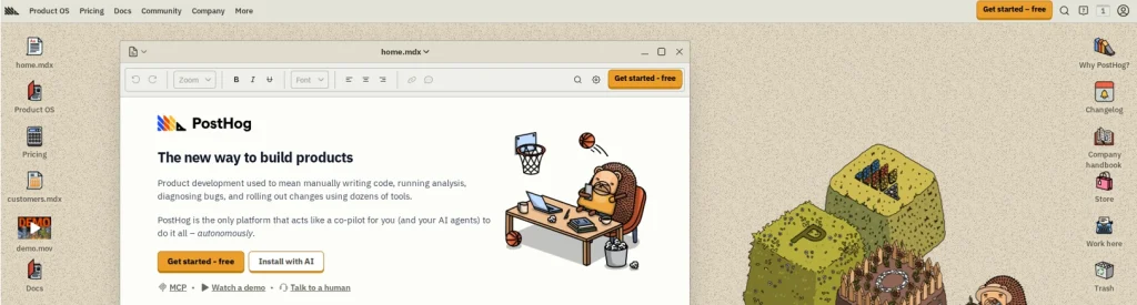 PostHog homepage hero section showing the headline “The new way to build products” with product interface elements and an illustration of a hedgehog working at a desk.
