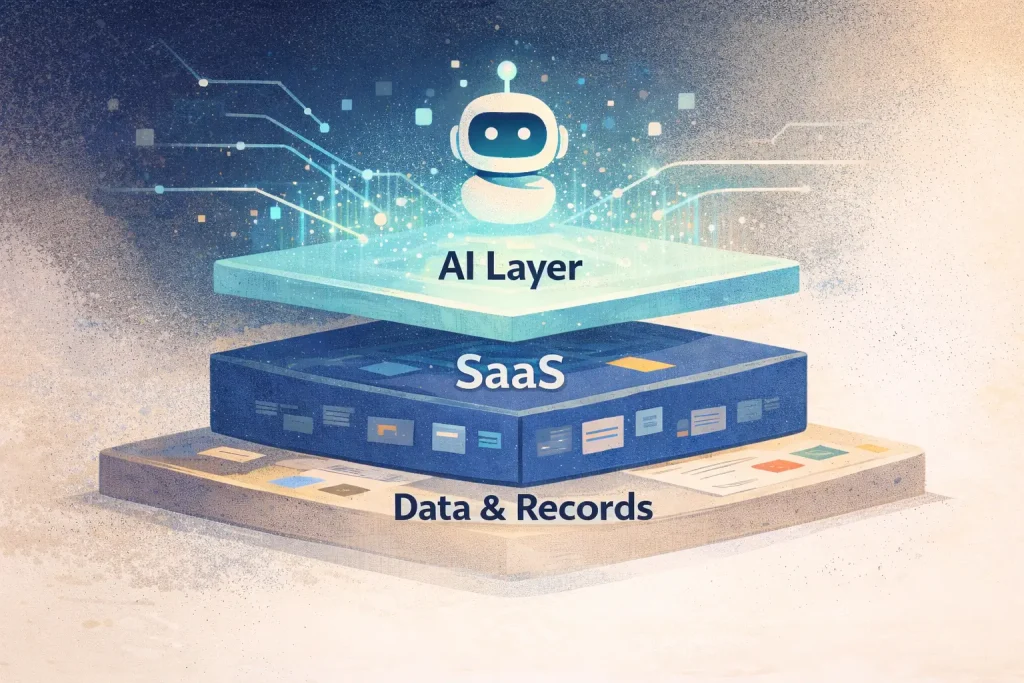 Illustration of an AI interpretation layer floating above a SaaS platform and underlying data and records.