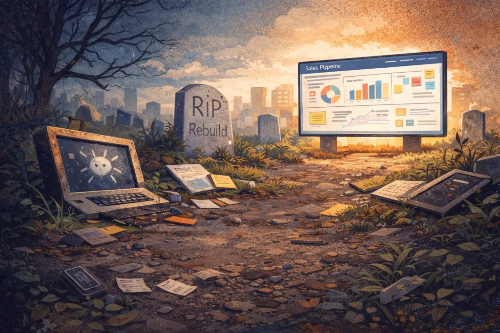 Editorial illustration of abandoned internal software tools in a graveyard contrasted with a glowing, well-maintained SaaS dashboard.
