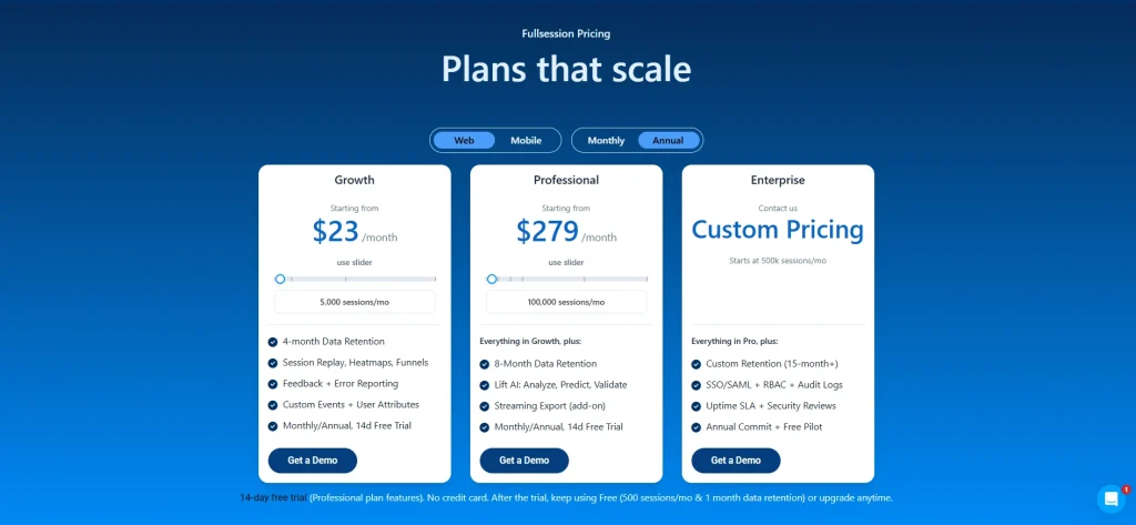FullSession pricing plans web annual