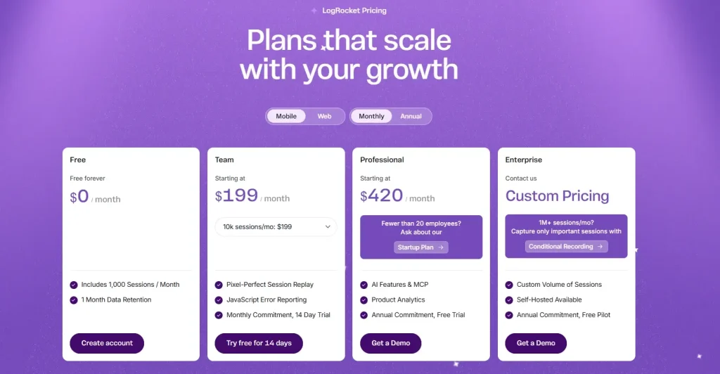 LogRocket Mobile Plans