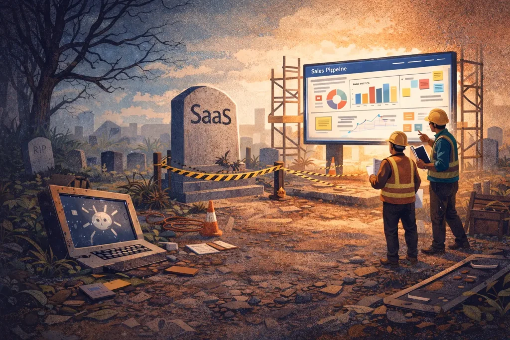 Illustration of workers renovating a SaaS platform in a graveyard scene, symbolizing that SaaS is evolving rather than dying.