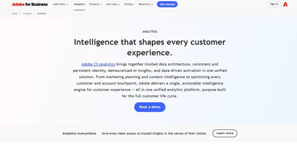 Adobe for Business analytics page showing Adobe CX Analytics platform overview with headline about shaping every customer experience and a Book a demo CTA.