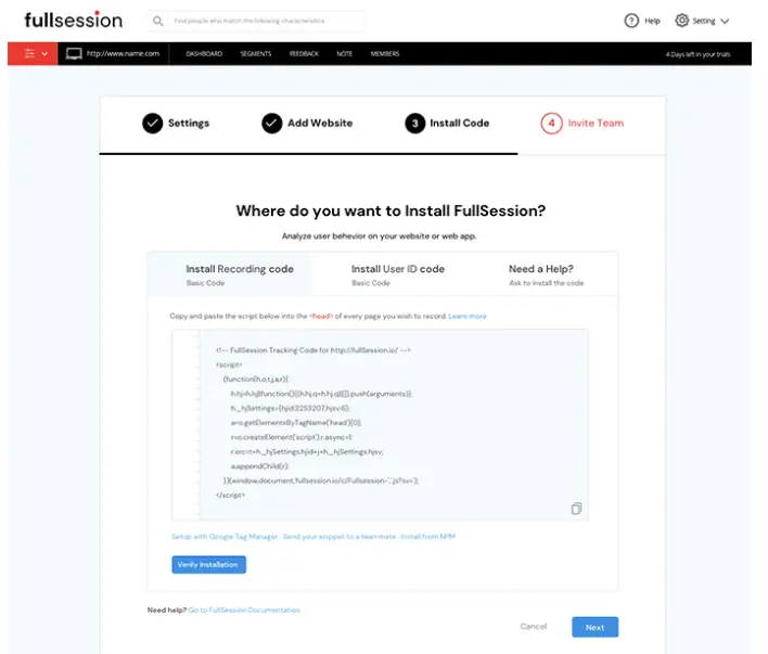 FullSession setup screen showing the install code step with options for installing recording code, user ID code, and team invite during website setup.