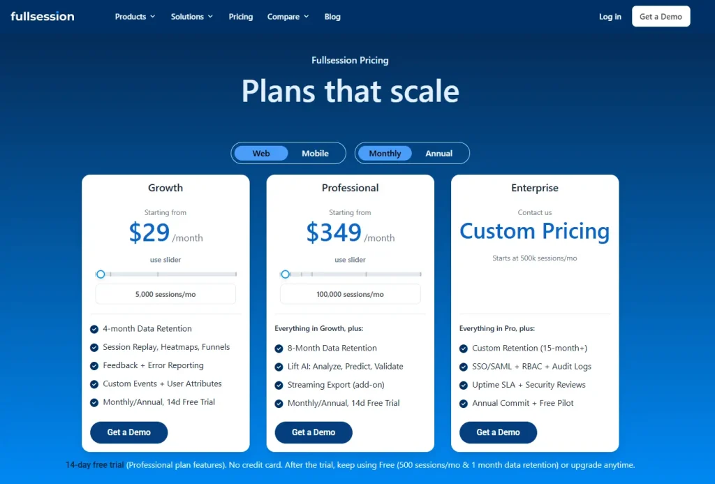 FullSession pricing plans for web showing Growth, Professional, and Enterprise plans with monthly pricing options and features