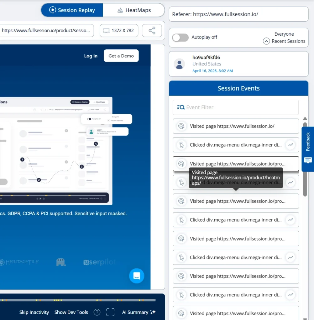 Close-up of the FullSession session replay dashboard showing the session events panel, autoplay toggle, referrer field, and a list of visited page and click events.