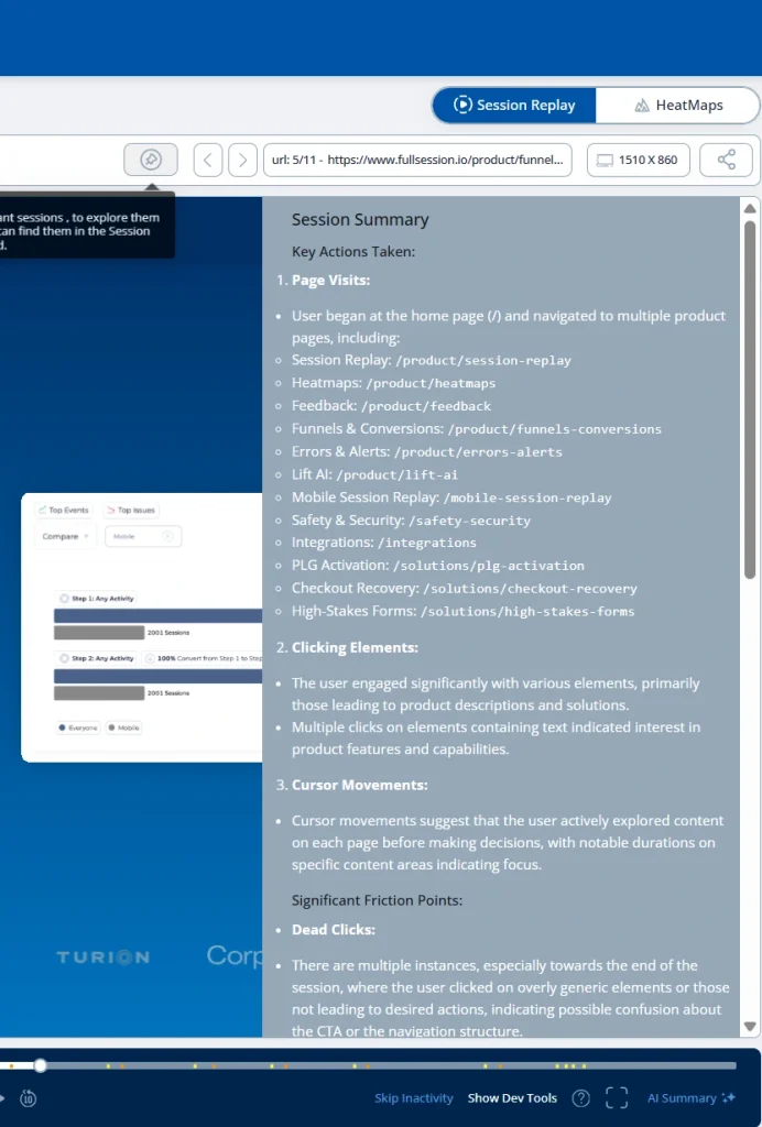 FullSession session replay dashboard showing an AI-generated session summary with page visits, clicking elements, cursor movements, and friction points.