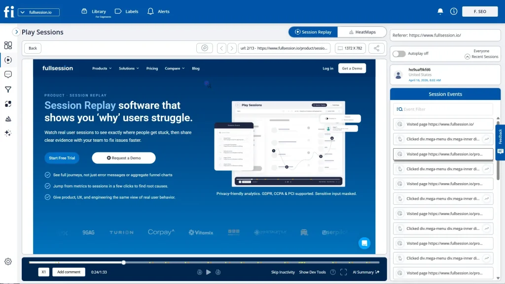 FullSession session replay dashboard showing website session playback, session events, heatmap tab, referrer field, and replay timeline controls.