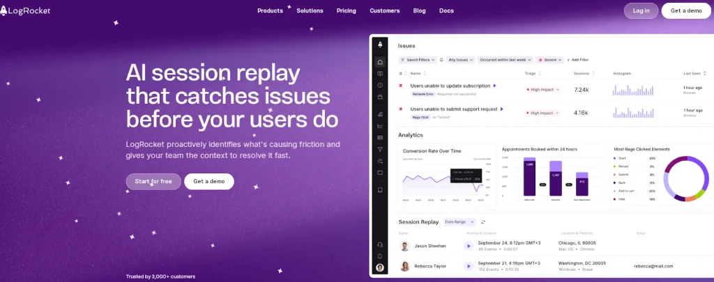logrocket ai session replay dashboard
