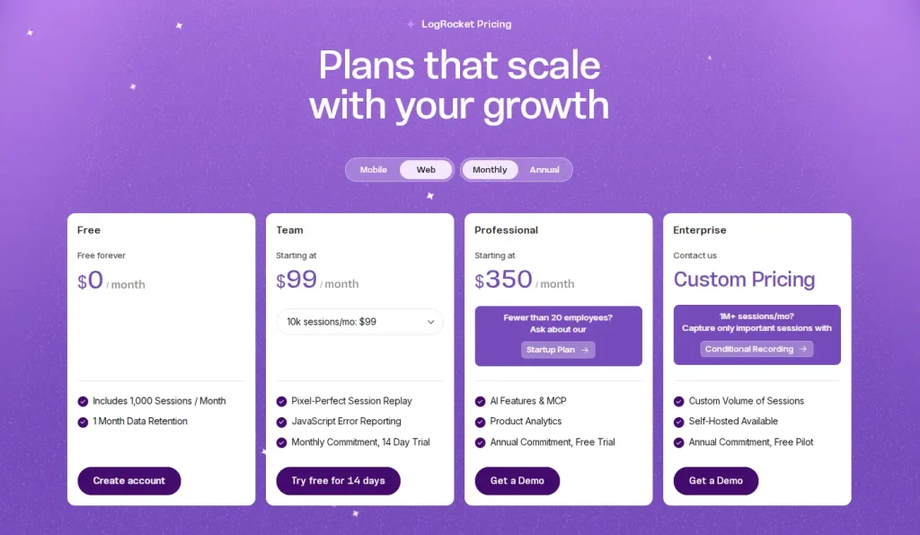 LogRocket pricing plans for web including Free, Team, Professional, and Enterprise tiers with monthly pricing options