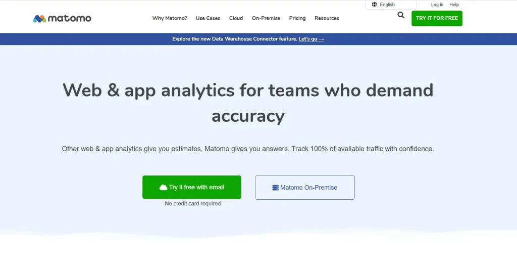 Matomo homepage banner showing web and app analytics platform messaging with accuracy-focused headline and call-to-action buttons for free trial and Matomo On-Premise.