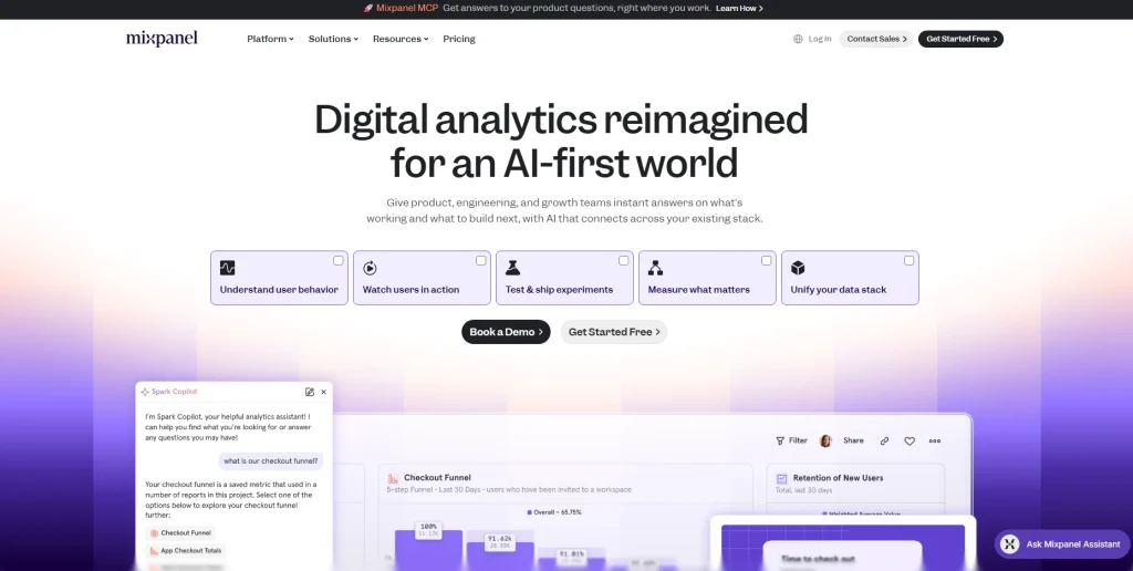 Mixpanel homepage hero banner promoting digital analytics for an AI-first world with user behavior, experiments, measurement, and data stack features.