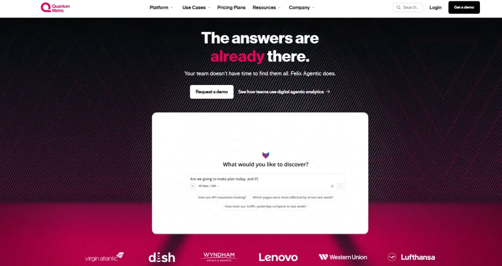 Quantum Metric homepage hero banner showing the headline “The answers are already there,” a demo CTA button, and a digital analytics interface preview on a dark pink gradient background.