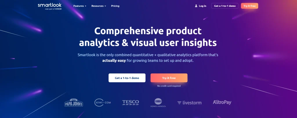 Smartlook pricing page showing Free, Pro, and Enterprise plans with monthly session limits, product analytics features, heatmaps, integrations, and trial options.