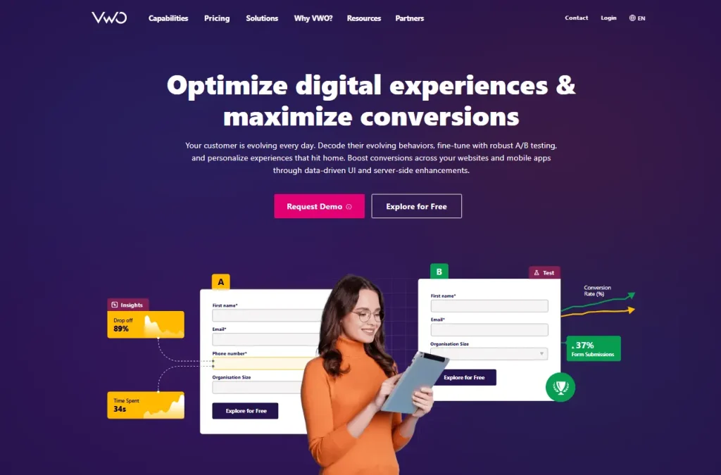 VWO homepage hero banner promoting digital experience optimization with A/B testing, conversion rate insights, personalized experiences, and demo/free trial CTA buttons.