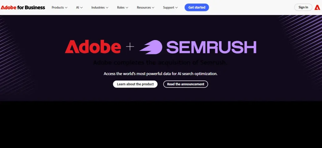 Adobe for Business homepage banner announcing the Semrush acquisition and AI-powered search optimization capabilities.