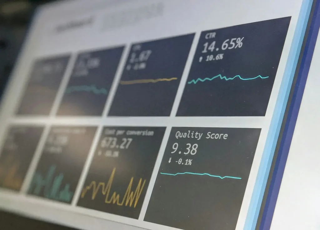 Analytics dashboard displaying performance metrics, CTR trends, and quality scores used for experimentation, testing, and prioritization in digital optimization strategies.
