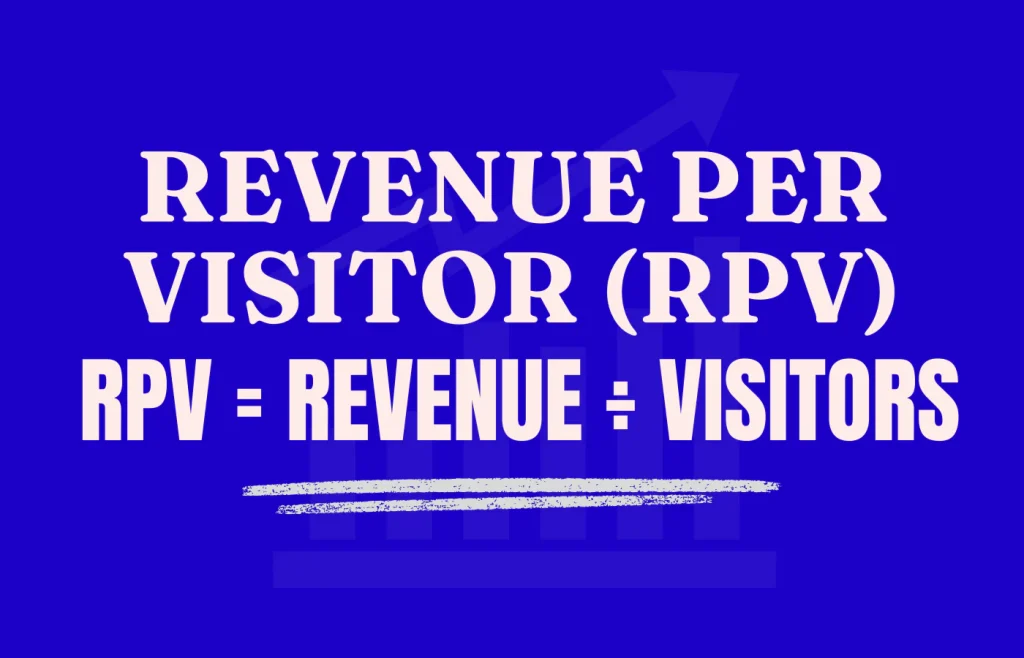 Graphic explaining Revenue Per Visitor (RPV) with the formula Revenue divided by Visitors and an upward growth chart background.