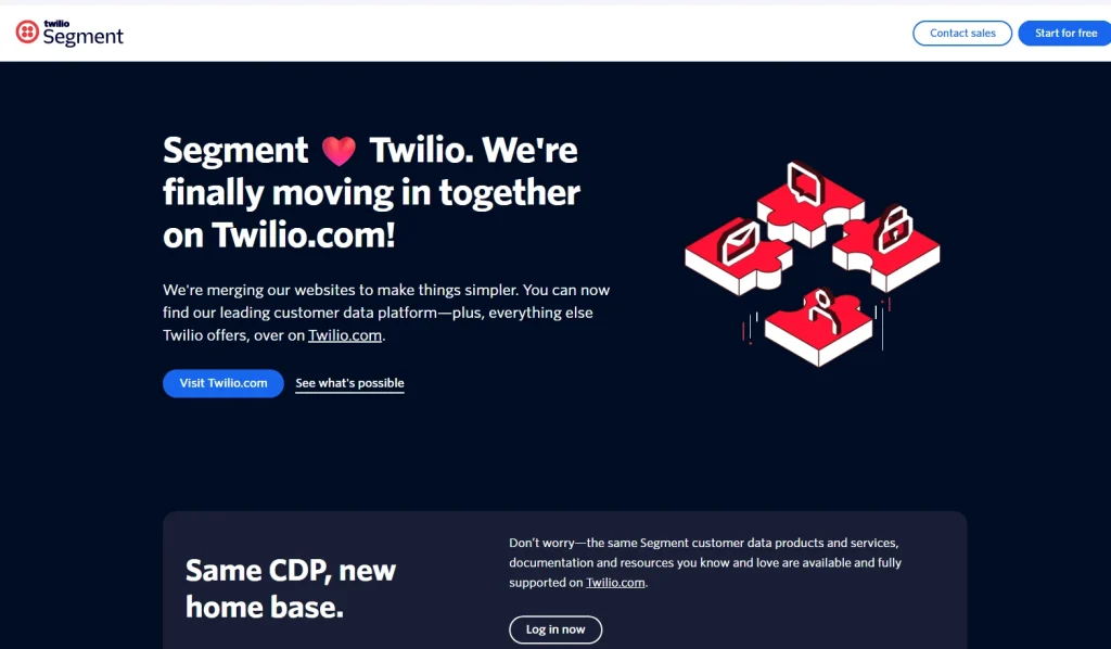 Twilio Segment homepage highlighting customer data platform capabilities, website migration to Twilio.com, and customer engagement solutions.